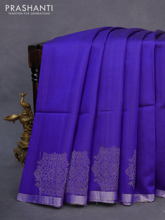 Pure raw silk saree blue and mustard shade with plain body and silver zari woven border