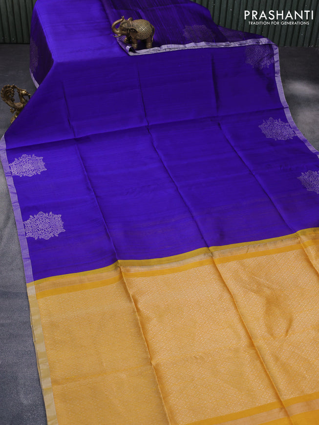 Pure raw silk saree blue and mustard shade with plain body and silver zari woven border