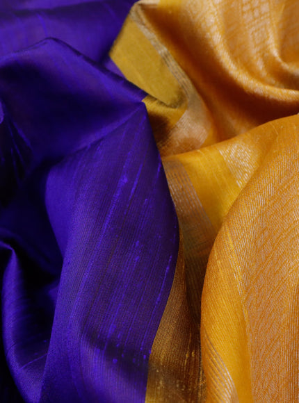 Pure raw silk saree blue and mustard shade with plain body and silver zari woven border