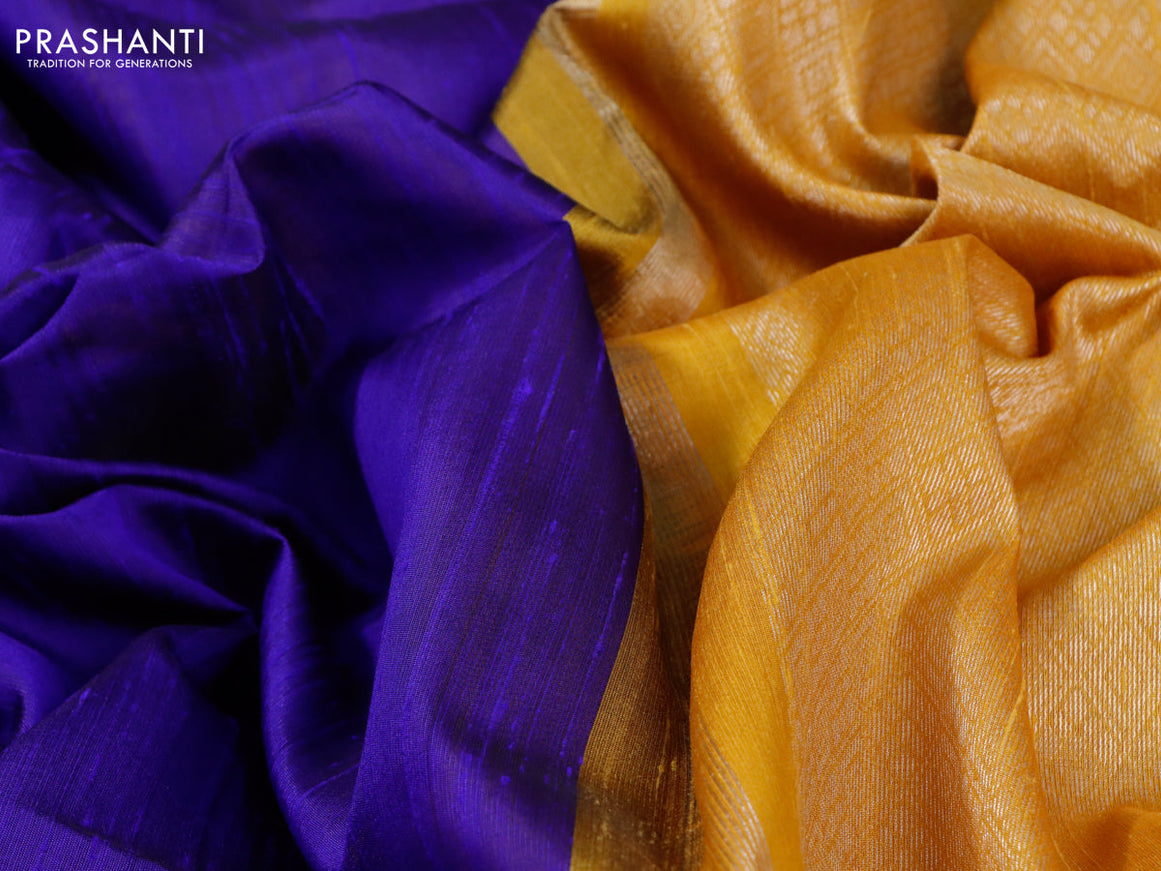 Pure raw silk saree blue and mustard shade with plain body and silver zari woven border