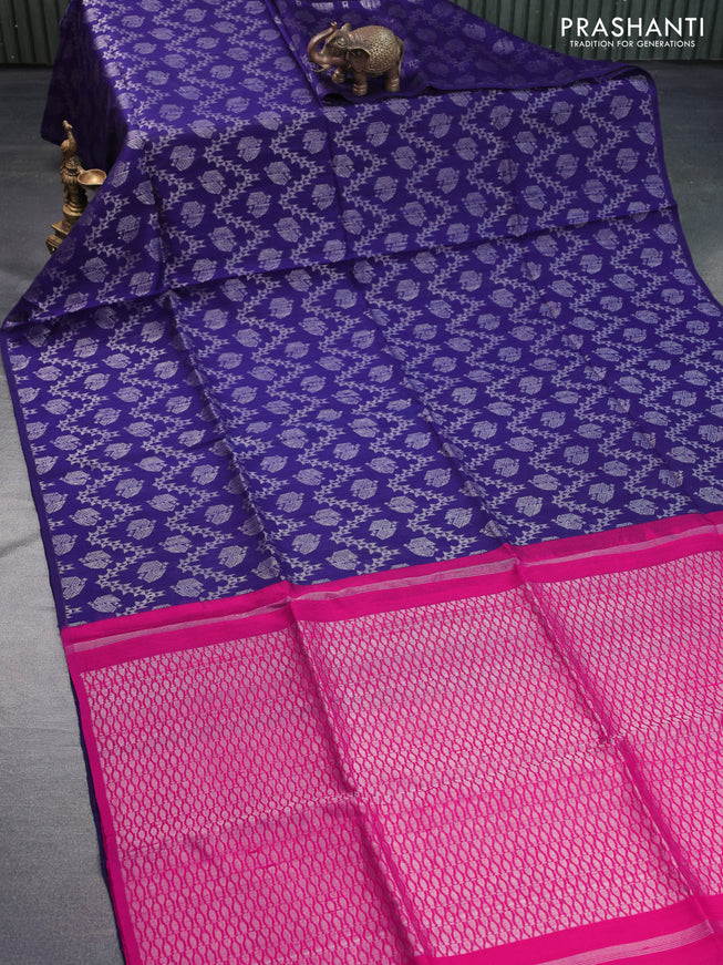 Pure raw silk saree blue and pink with allover silver zari weaves in borderless style