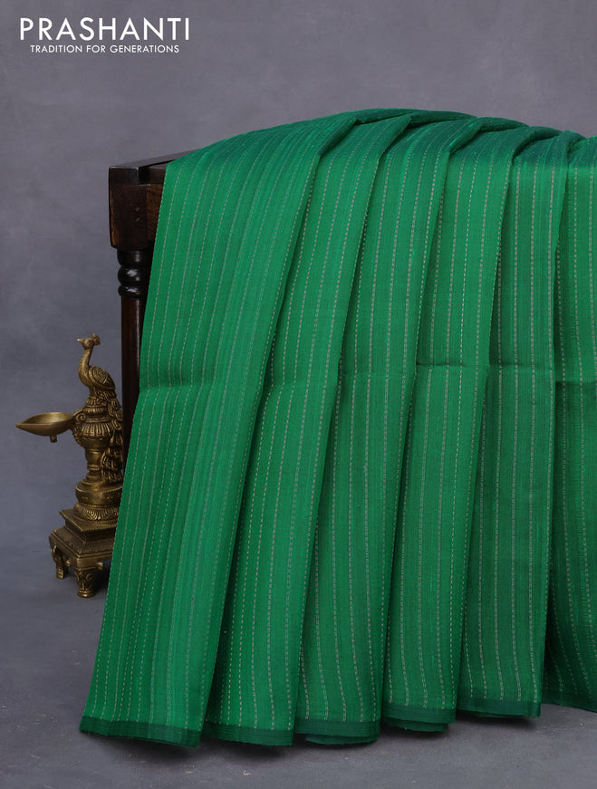 Pure raw silk saree green and light pink with allover silver zari weaves in borderless style