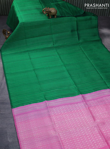 Pure raw silk saree green and light pink with allover silver zari weaves in borderless style