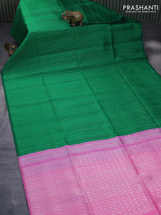 Pure raw silk saree green and light pink with allover silver zari weaves in borderless style