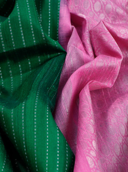 Pure raw silk saree green and light pink with allover silver zari weaves in borderless style