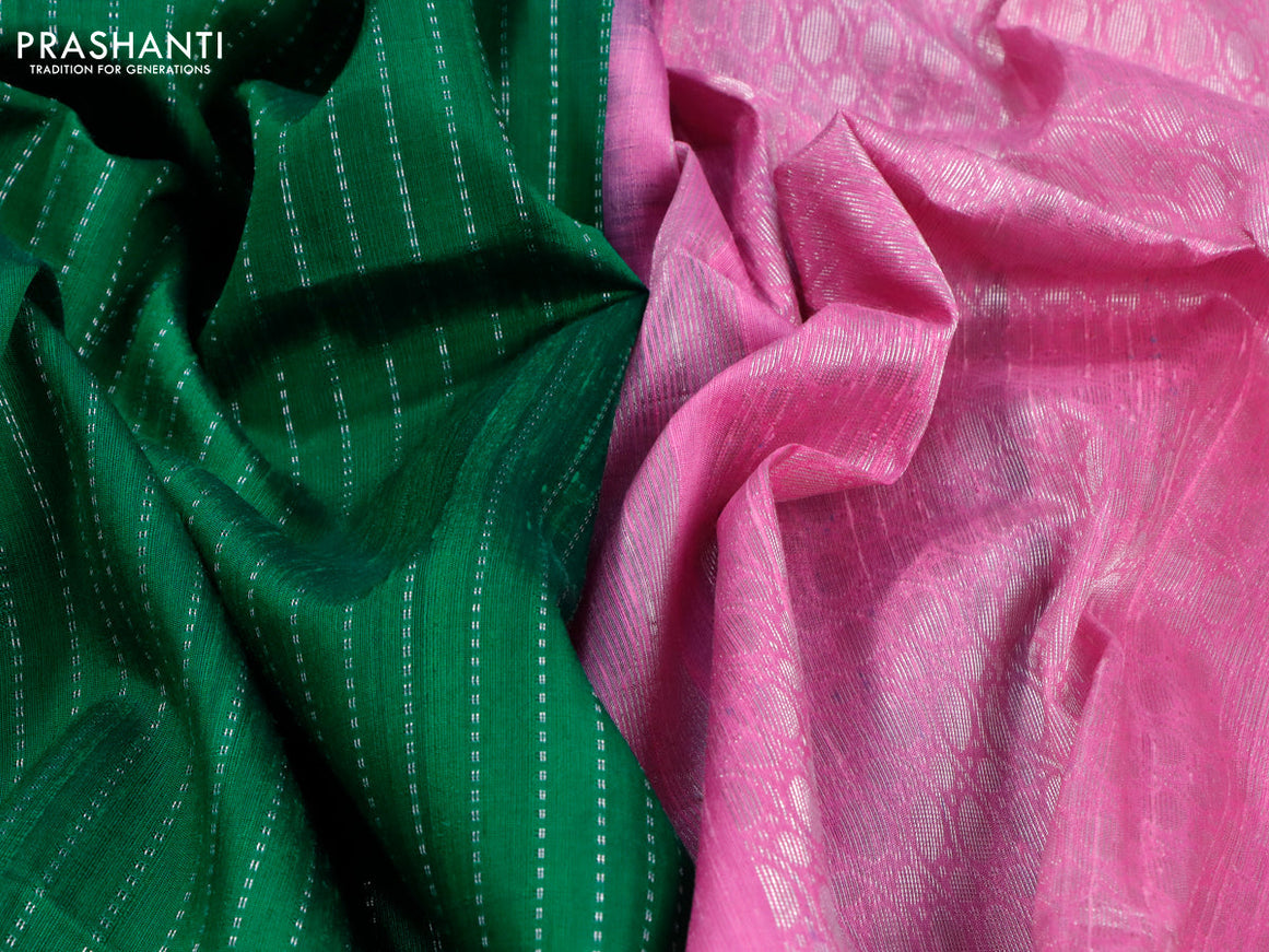 Pure raw silk saree green and light pink with allover silver zari weaves in borderless style