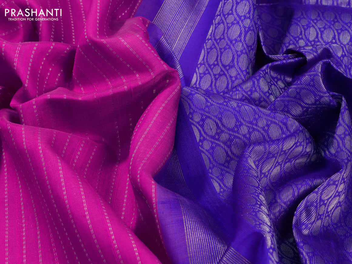 Pure raw silk saree pink and blue with allover silver zari weaves in borderless style