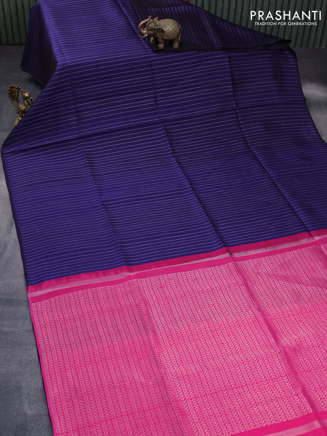 Pure raw silk saree blue and pink with allover silver zari weaves in borderless style