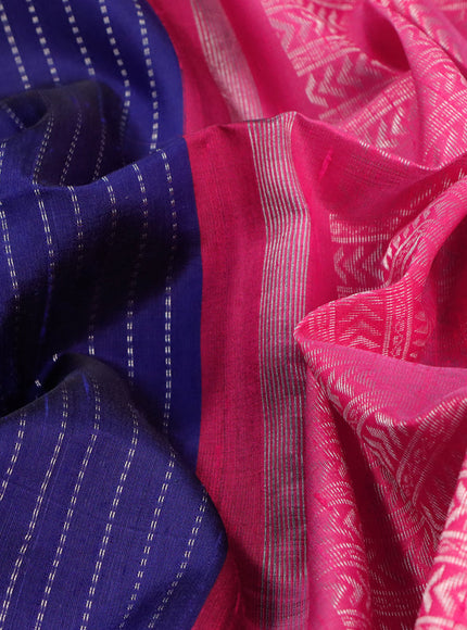 Pure raw silk saree blue and pink with allover silver zari weaves in borderless style