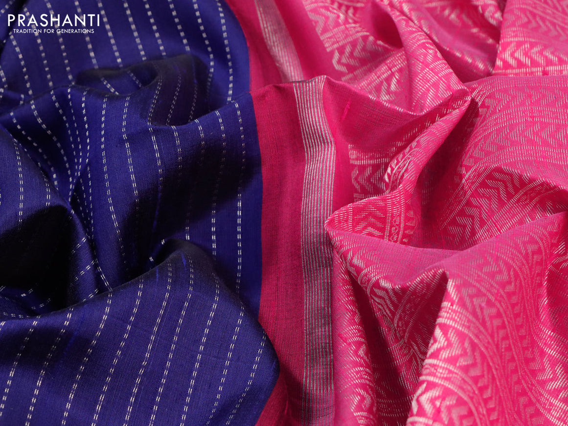 Pure raw silk saree blue and pink with allover silver zari weaves in borderless style