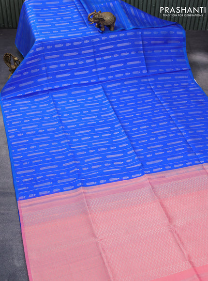 Pure raw silk saree royal blue and peach pink with allover silver zari weaves in borderless style