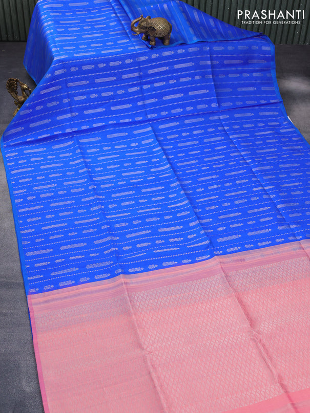 Pure raw silk saree royal blue and peach pink with allover silver zari weaves in borderless style