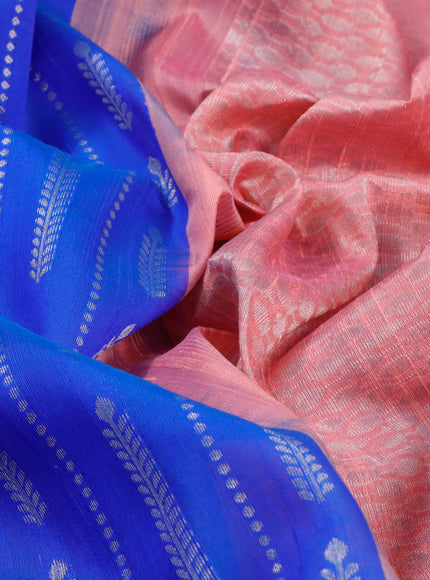 Pure raw silk saree royal blue and peach pink with allover silver zari weaves in borderless style