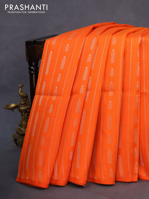 Pure raw silk saree orange and blue with allover silver zari weaves in borderless style