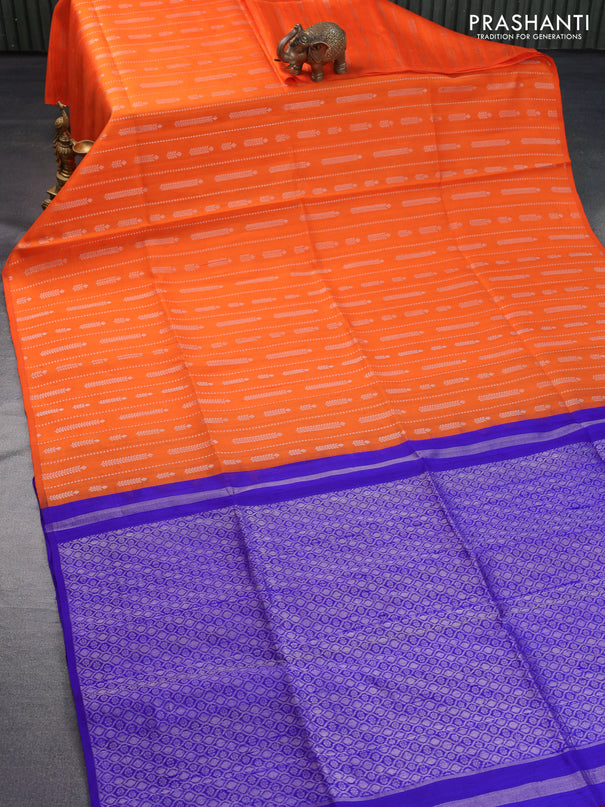 Pure raw silk saree orange and blue with allover silver zari weaves in borderless style