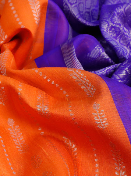 Pure raw silk saree orange and blue with allover silver zari weaves in borderless style