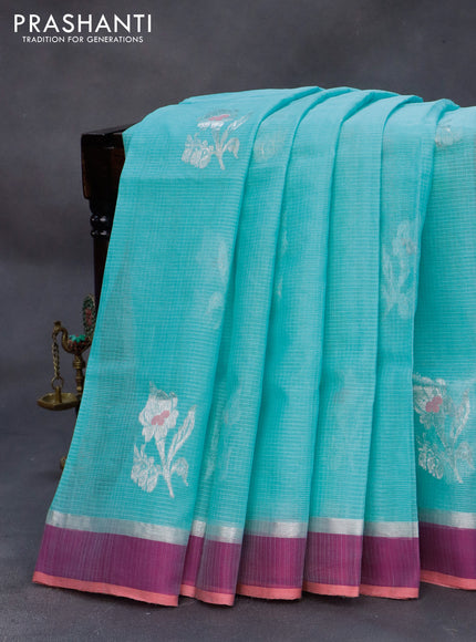 Pure zari kota silk saree light blue and pink with thread & silver zari woven buttas and silver zari woven simple border