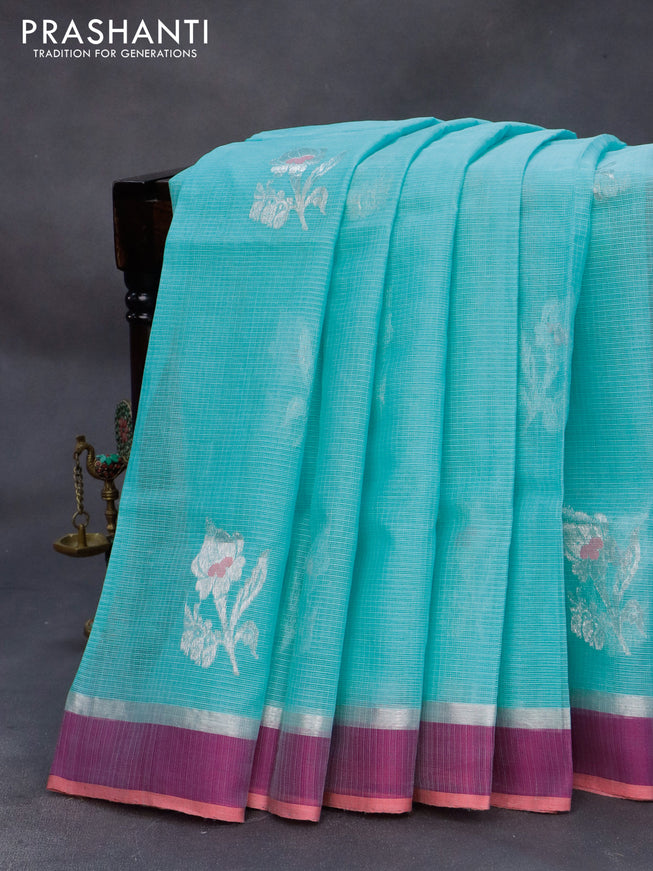 Pure zari kota silk saree light blue and pink with thread & silver zari woven buttas and silver zari woven simple border