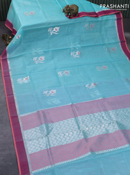 Pure zari kota silk saree light blue and pink with thread & silver zari woven buttas and silver zari woven simple border