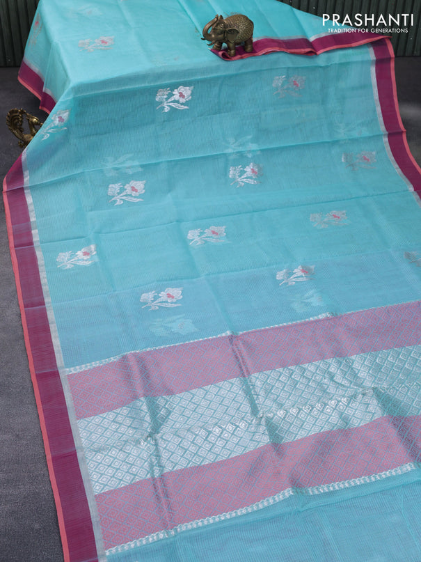 Pure zari kota silk saree light blue and pink with thread & silver zari woven buttas and silver zari woven simple border