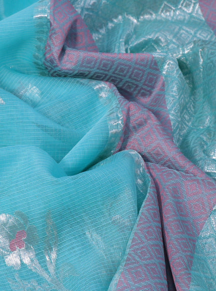 Pure zari kota silk saree light blue and pink with thread & silver zari woven buttas and silver zari woven simple border