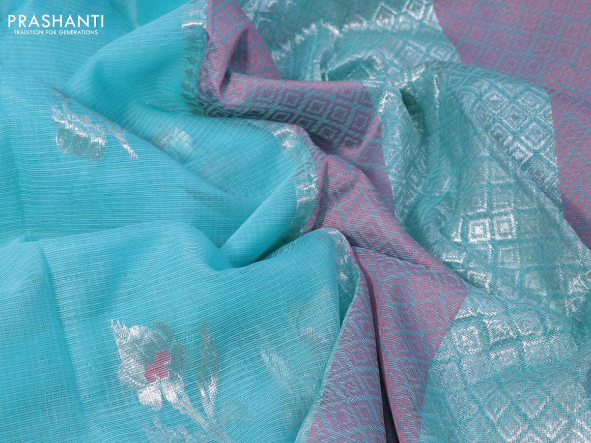 Pure zari kota silk saree light blue and pink with thread & silver zari woven buttas and silver zari woven simple border