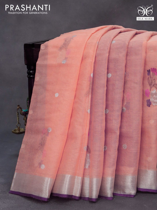 Pure zari kota silk saree peach orange and violet with thread & zari woven buttas and silver zari woven border