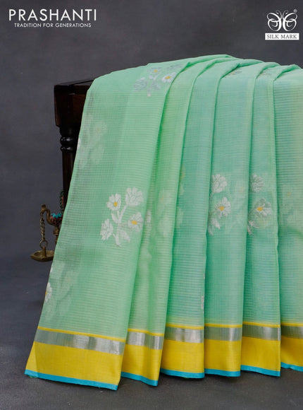 Pure zari kota silk saree pastel green and light blue yellow with thread & zari woven floral buttas and silver zari woven simple border