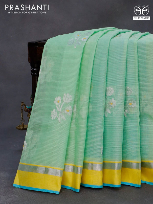 Pure zari kota silk saree pastel green and light blue yellow with thread & zari woven floral buttas and silver zari woven simple border