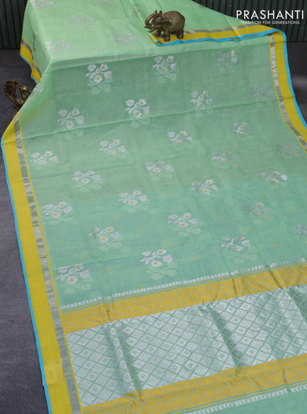 Pure zari kota silk saree pastel green and light blue yellow with thread & zari woven floral buttas and silver zari woven simple border