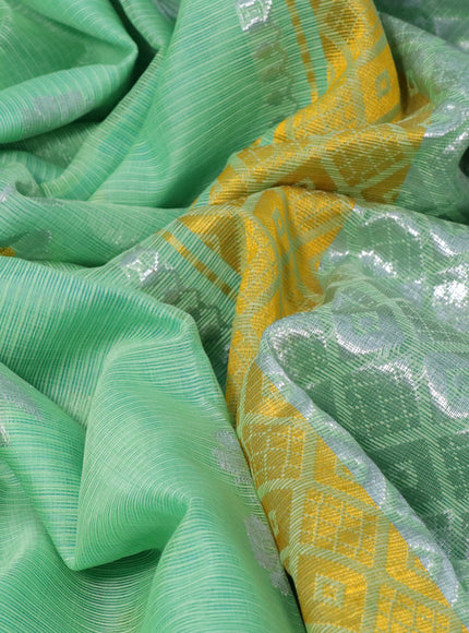 Pure zari kota silk saree pastel green and light blue yellow with thread & zari woven floral buttas and silver zari woven simple border