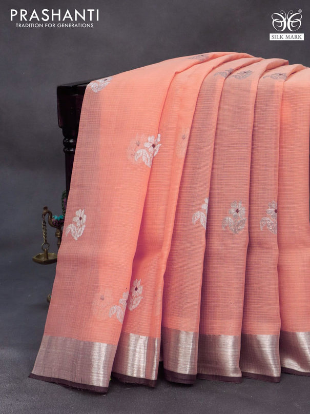 Pure zari kota silk saree peach orange and coffee brown with floral silver zari woven buttas and silver zari woven border