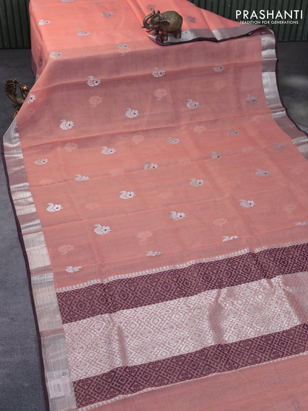 Pure zari kota silk saree peach orange and coffee brown with floral silver zari woven buttas and silver zari woven border