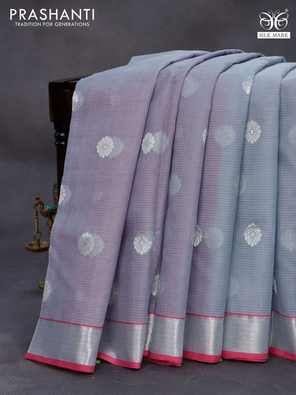 Pure zari kota silk saree grey and pink with silver zari woven buttas and silver zari woven border