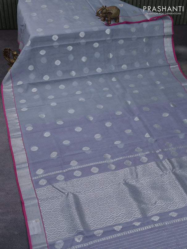 Pure zari kota silk saree grey and pink with silver zari woven buttas and silver zari woven border