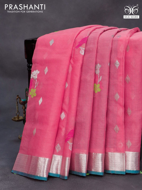 Pure zari kota silk saree peach pink and teal blue with thread & zari woven buttas and silver zari woven border