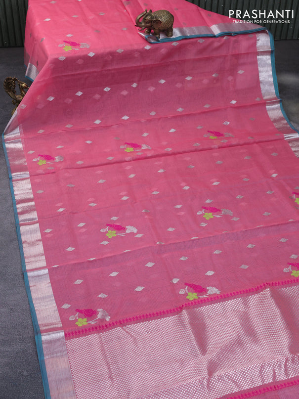 Pure zari kota silk saree peach pink and teal blue with thread & zari woven buttas and silver zari woven border