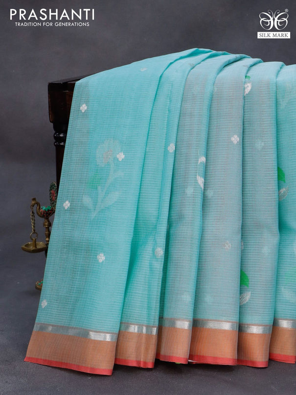 Pure zari kota silk saree light blue and red with thread & zari woven buttas and silver zari woven border