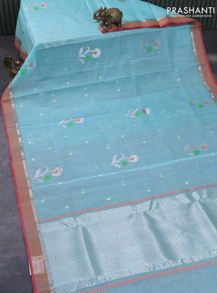 Pure zari kota silk saree light blue and red with thread & zari woven buttas and silver zari woven border