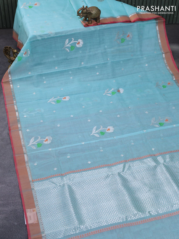 Pure zari kota silk saree light blue and red with thread & zari woven buttas and silver zari woven border