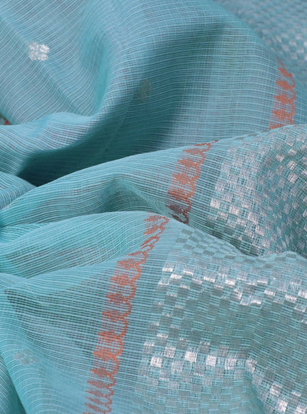 Pure zari kota silk saree light blue and red with thread & zari woven buttas and silver zari woven border