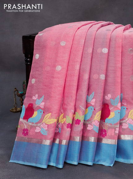 Pure zari kota silk saree peach pink and light blue with silver zari woven buttas and silver zari woven simple border