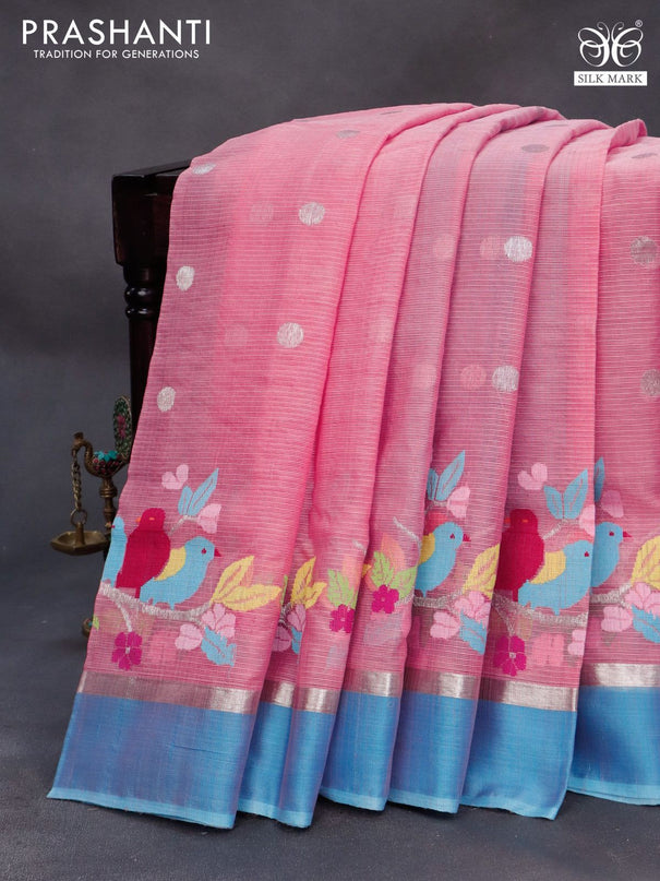 Pure zari kota silk saree peach pink and light blue with silver zari woven buttas and silver zari woven simple border