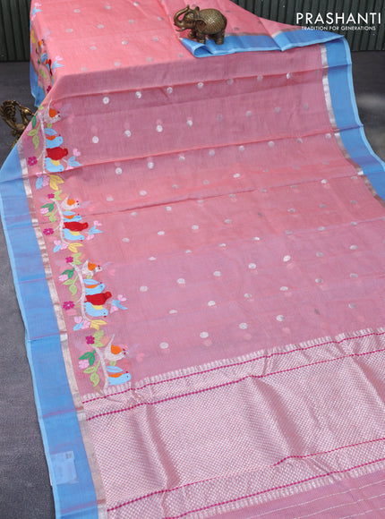 Pure zari kota silk saree peach pink and light blue with silver zari woven buttas and silver zari woven simple border