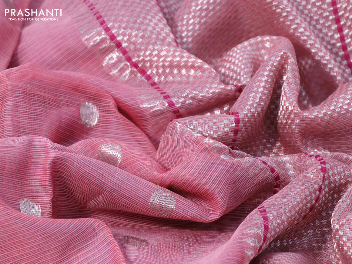 Pure zari kota silk saree peach pink and light blue with silver zari woven buttas and silver zari woven simple border