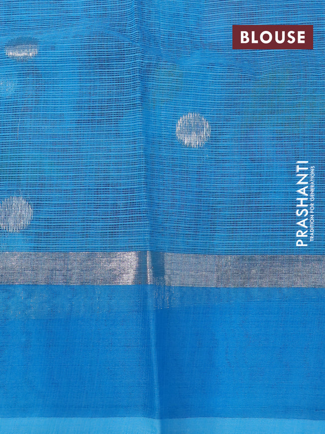 Pure zari kota silk saree peach pink and light blue with silver zari woven buttas and silver zari woven simple border