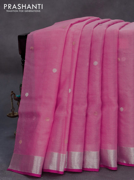 Pure zari kota silk saree peach pink and pink with silver & gold zari woven buttas and silver zari woven border