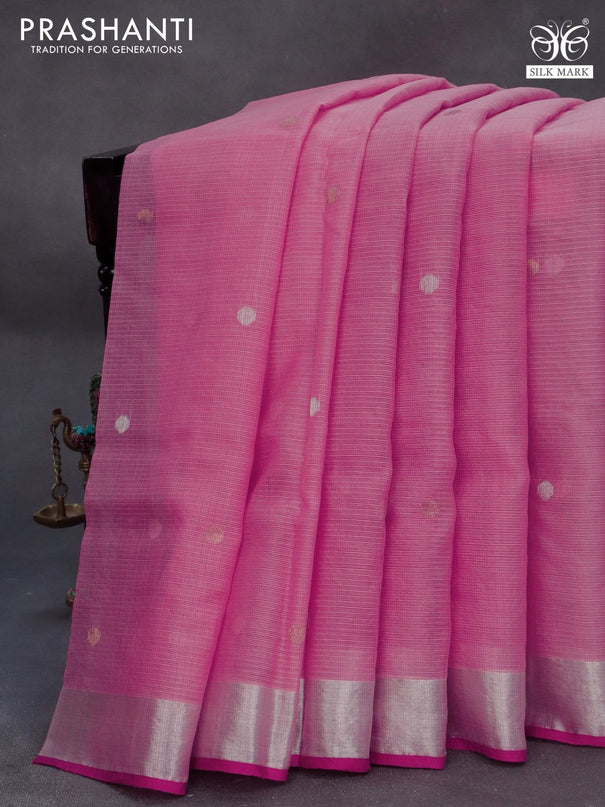 Pure zari kota silk saree peach pink and pink with silver & gold zari woven buttas and silver zari woven border