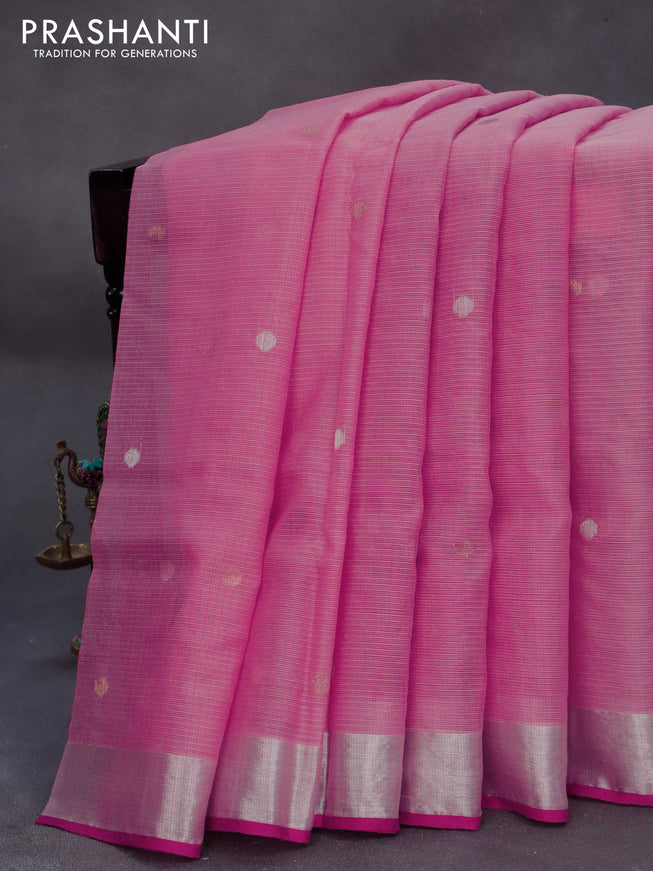 Pure zari kota silk saree peach pink and pink with silver & gold zari woven buttas and silver zari woven border