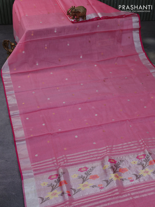 Pure zari kota silk saree peach pink and pink with silver & gold zari woven buttas and silver zari woven border